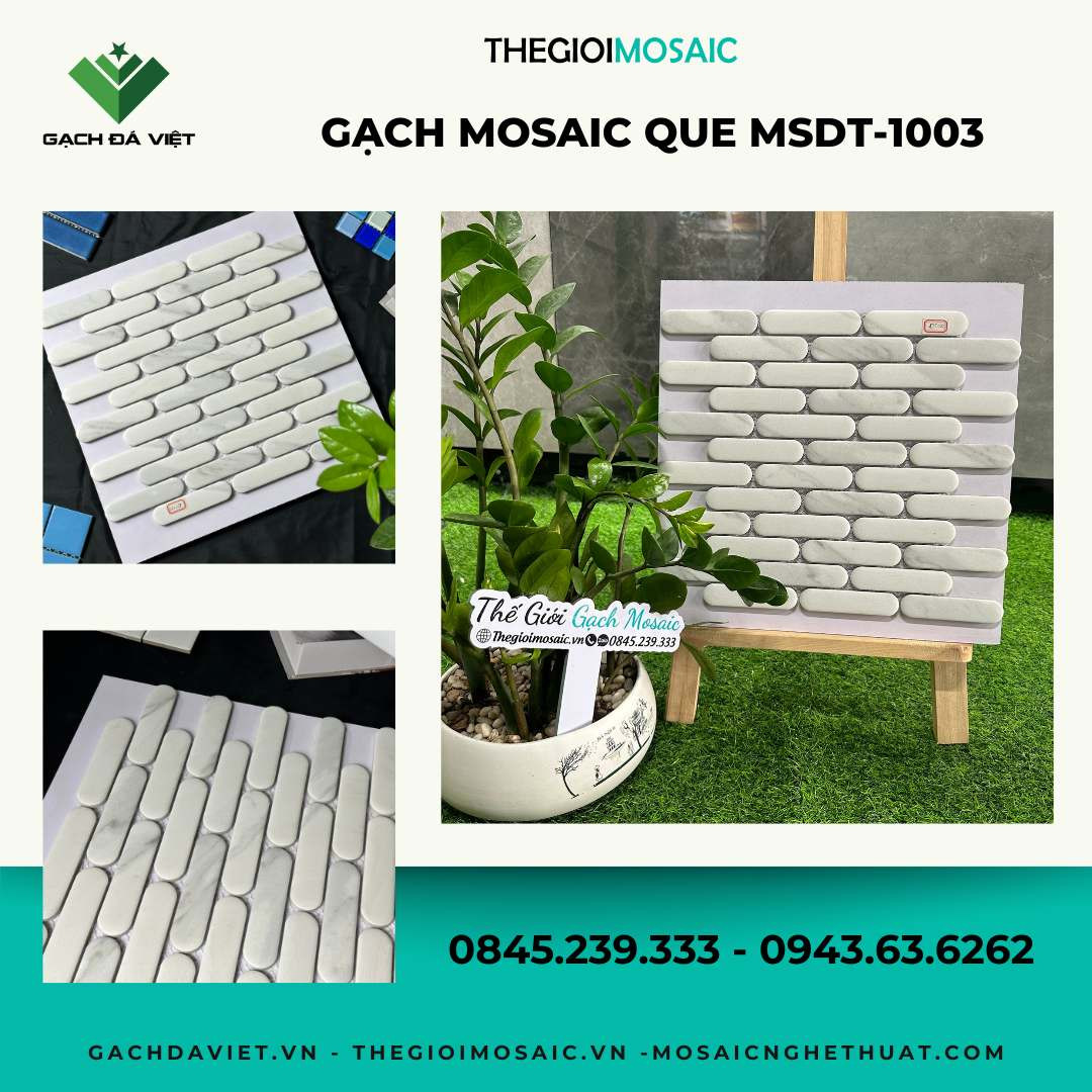 Gạch mosaic que đầu tròn trắng vân mây MSDT-1003