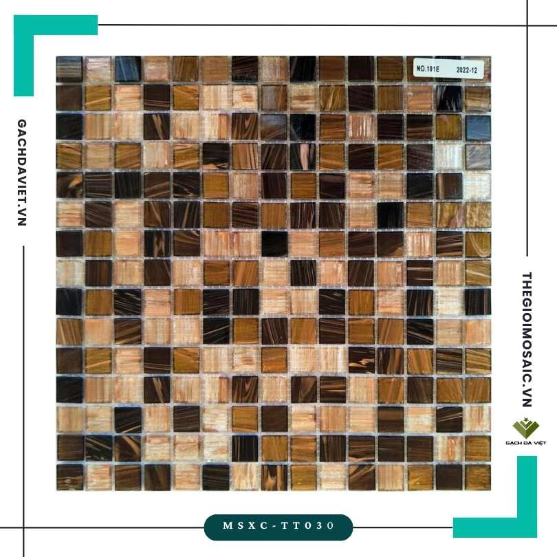 Gạch mosaic thủy tinh vân xà cừ màu nâu mix MSXC-TT030