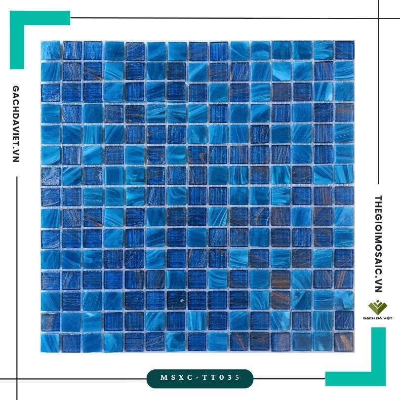 Gạch mosaic thủy tinh vân xà cừ màu xanh MSXC-TT035