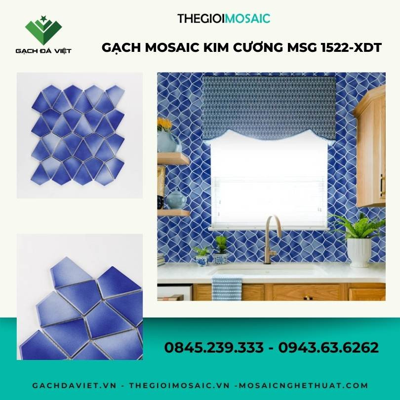 Gạch mosaic kim cương màu xanh dương trắng loang MSG 1522-XDT - Hàng Oder