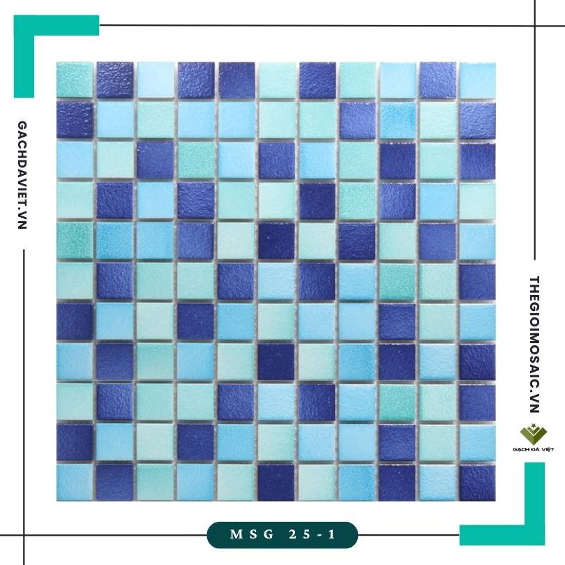 Gạch mosaic gốm sóng biển màu xanh mix KT 25x25 MSG 25-1