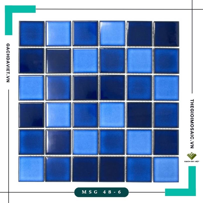 Gạch mosaic gốm trơn màu xanh mix màu KT 48x48 MSG 48-06