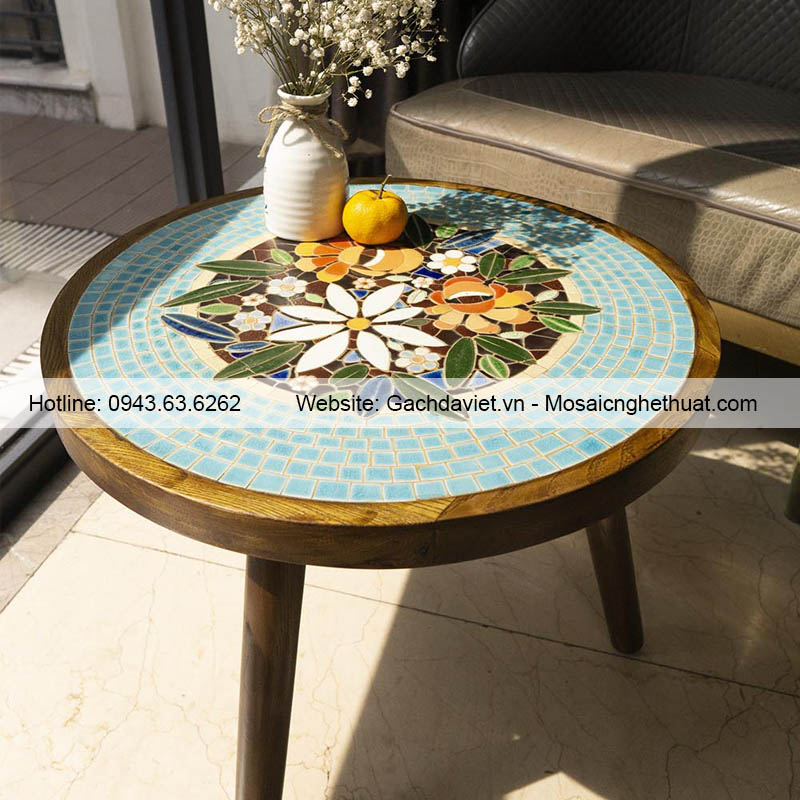 Bàn trà mosaic gốm hoa xanh VBGM1006