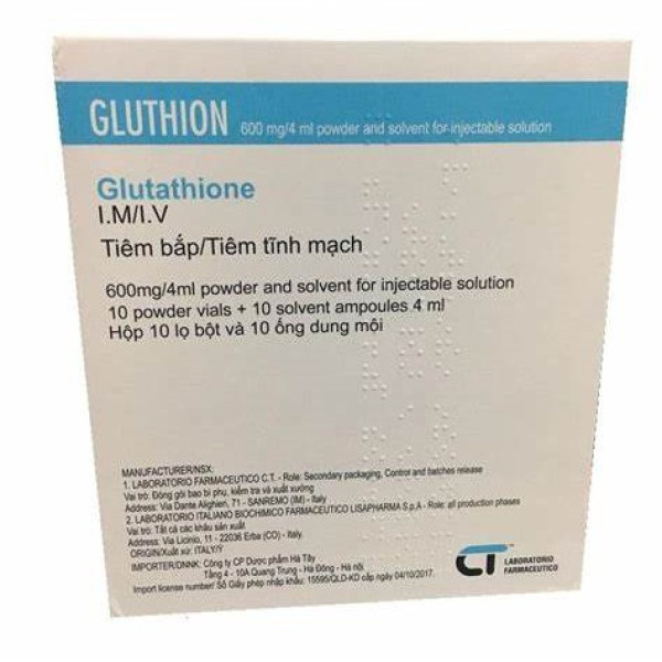 Gluthion 600Mg/4Ml (Glutathion 600Mg) Tiêm _Ý (H/10 Lọ + 10 Dung Môi)